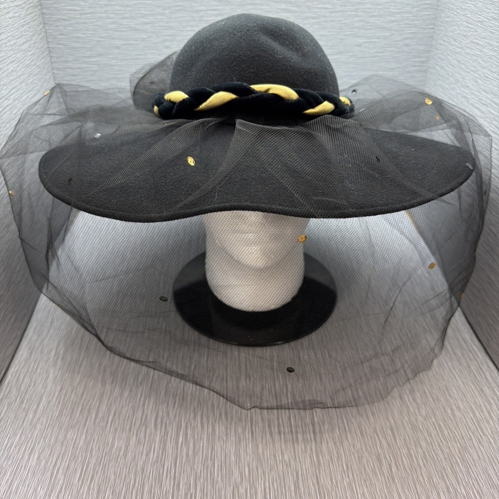 Vintage Michael Howard Black Wool Wide Brim Hat Veil Gold Trim Rine Chapeaux